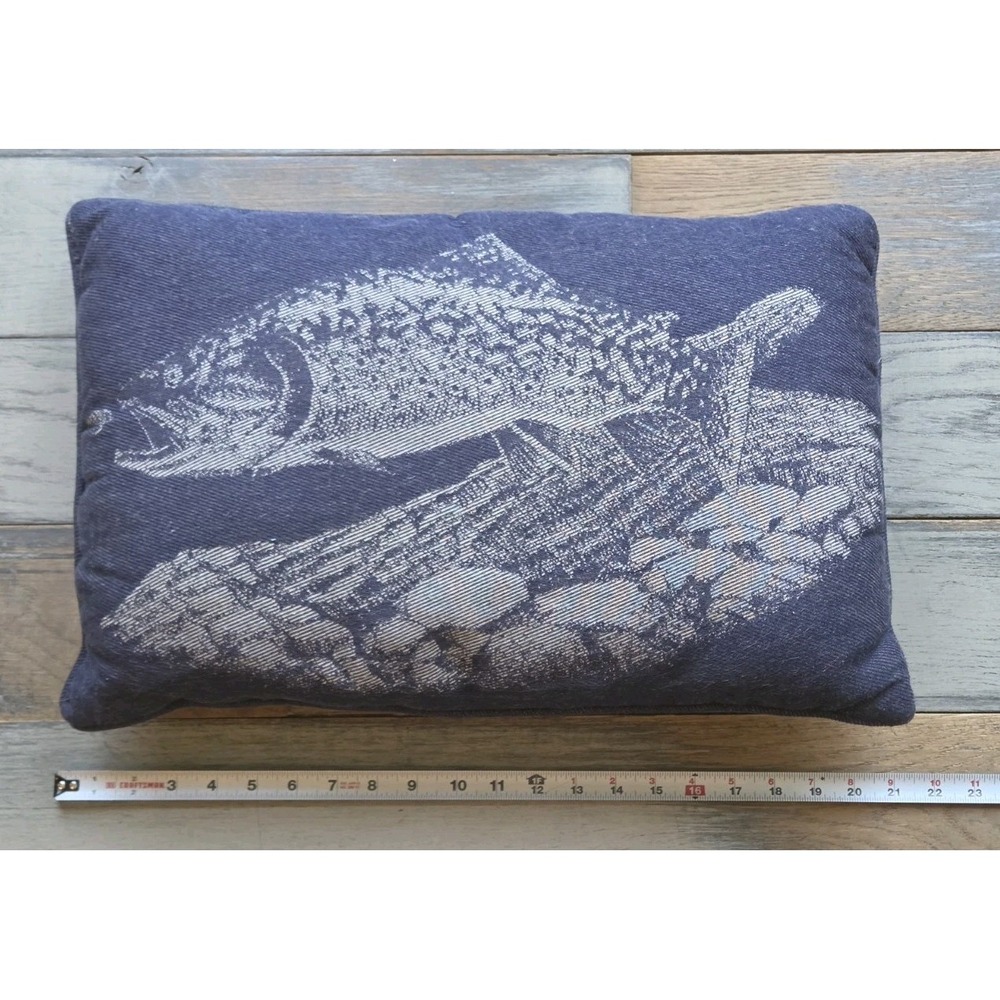 Vintage Trout Fish Tapestry Pillow Navy 21x14 Lake House Cabin Fishing Decor